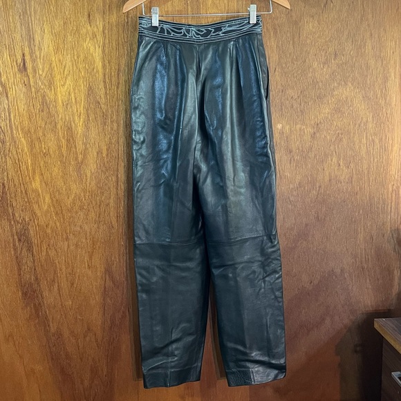 LEONARD STUDIO Paris Black Leather Pants w Design at Waist Sz S - Picture 3 of 6